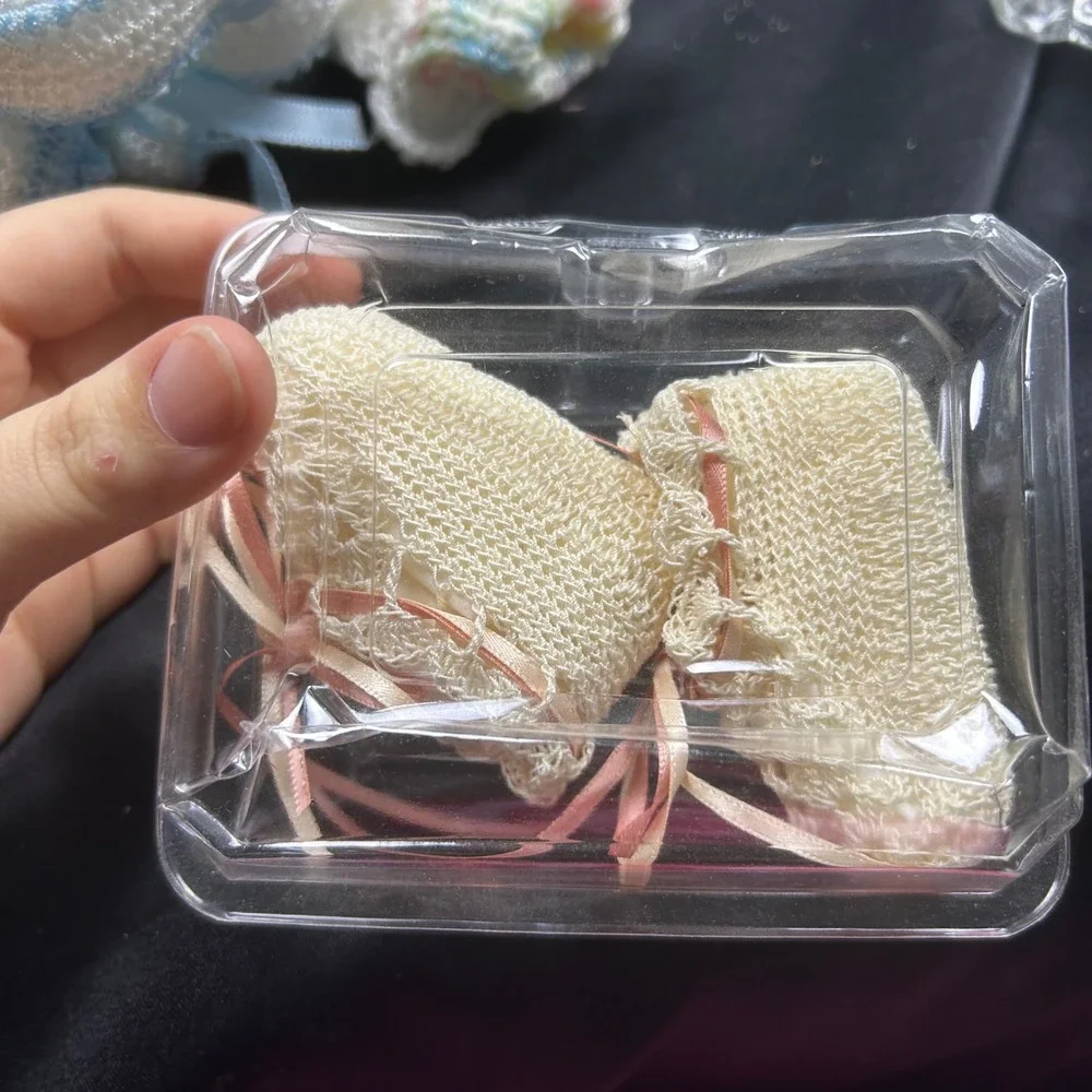Vintage Handmade Crochet Knit Baby Booties Bundle Blue White Pink Pom Pom Ribbon